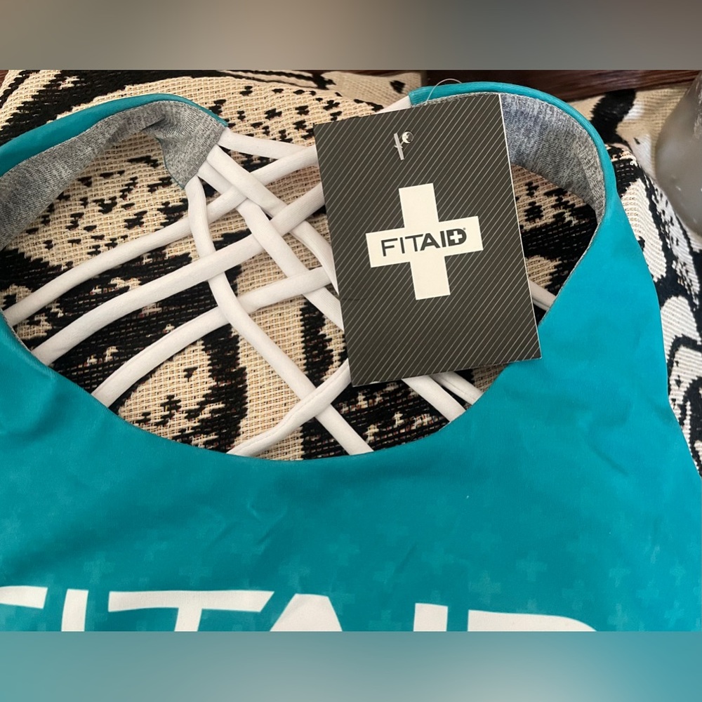 NWT fit Aid Sports Bra Sz XL Teal White Strappy Pilates Yoga Hiking Sporty Hike - Picture 2 of 5